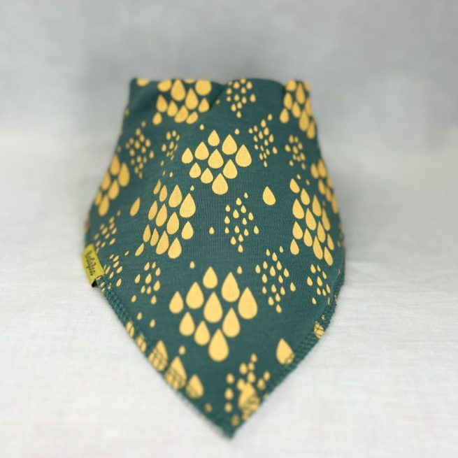 Teal with mustard raindrops organic cotton DribbleBoo bandana bib