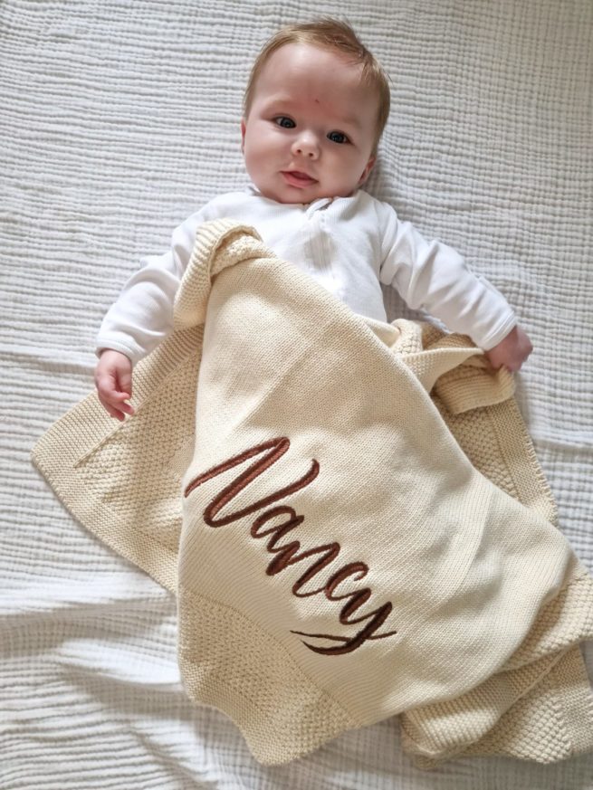 Large Cursive Personalised Organic Cotton BlankieBoo baby blanket