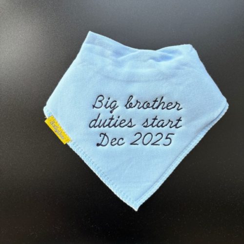 Big brother duties start Dec 2026 organic cotton DribbleBoo bandana bib