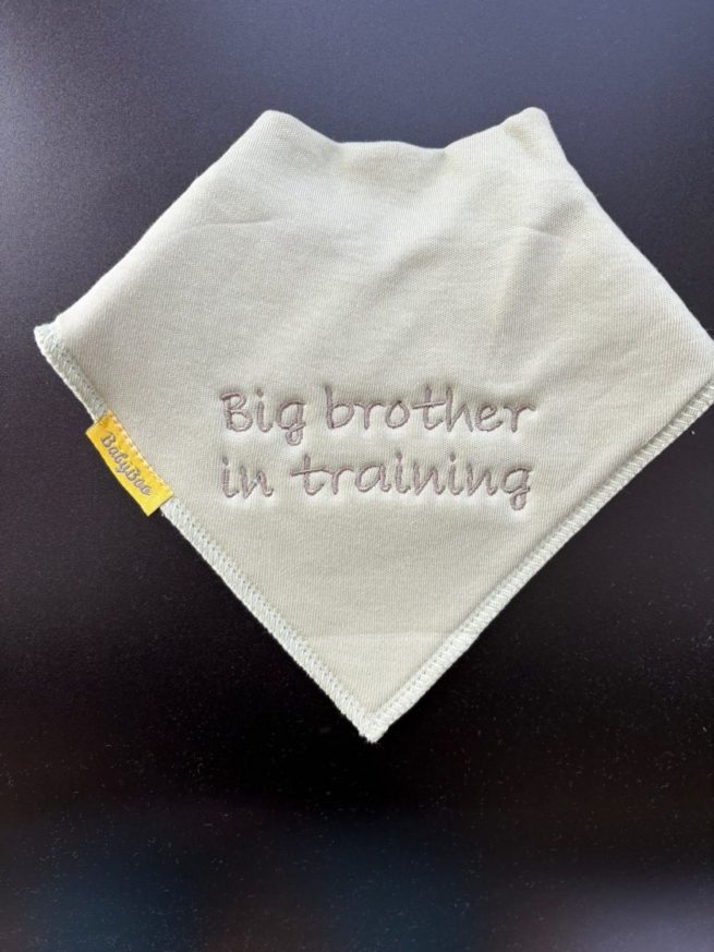Big Brother in training organic cotton DribbleBoo bandana bib