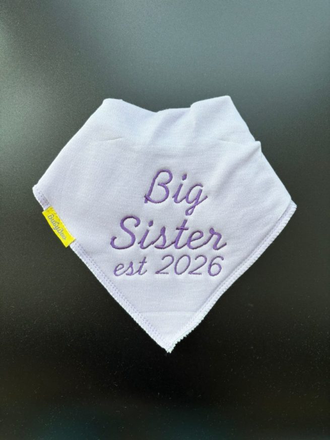 Big Sister est 2026 organic cotton DribbleBoo bandana bib