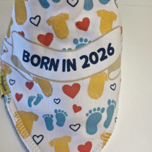 Born in 2026 organic cotton DribbleBoo bandana bib
