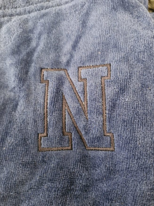 Navy dinos organic cotton CozyBoo robe - Personalised with 'N' - Image 4