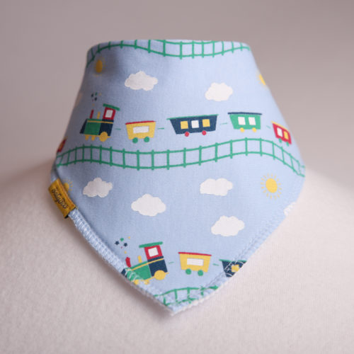 Baby blue Choo Choo organic cotton DribbleBoo bandana bib