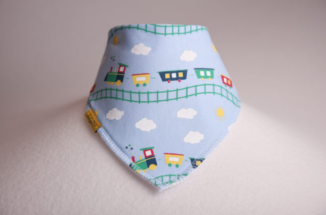 Baby blue Choo Choo organic cotton DribbleBoo bandana bib